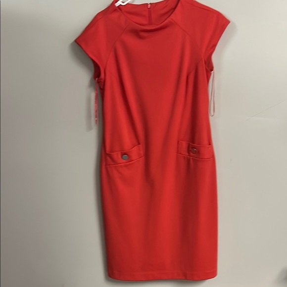Coral Sheath Mini Dress with Mock Neck and Cap Sleeves - Picture 1 of 4